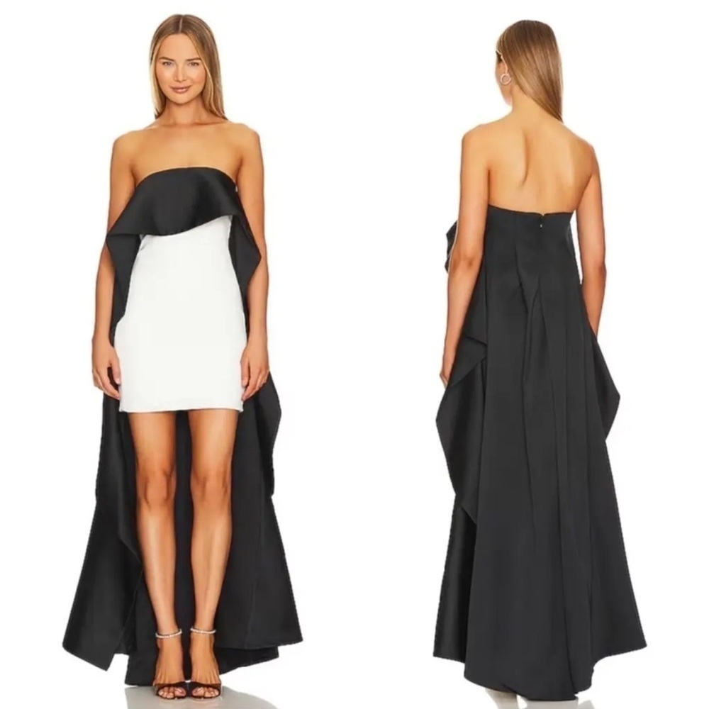 NWT Alice + Olivia Theda Strapless Hi Lo Mini Dress in Ecru & Black